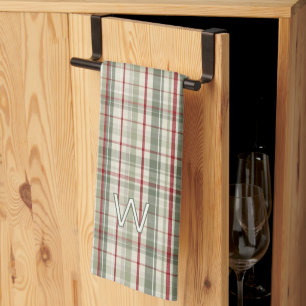 Christmas Plaid Monogram - rustic green red ivory Tea Towel