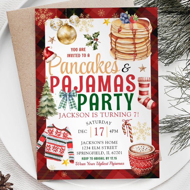 Christmas Plaid Pancake Pyjamas Birthday Party Invitation (Creator Uploaded)