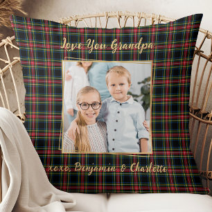 Christmas Plaid Personalised Gold Photo Grandpa Cushion