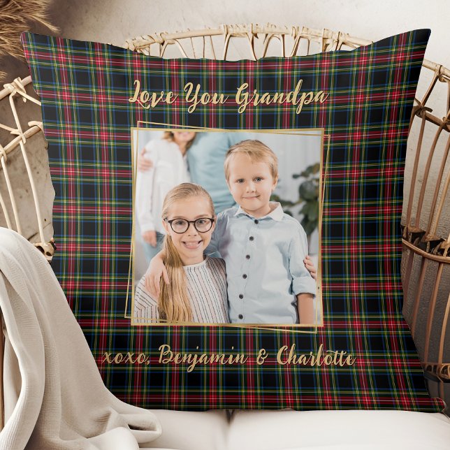 Christmas Plaid Personalised Gold Photo Grandpa Cushion (Creator Uploaded)