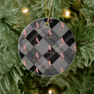 Christmas Plaid Personalised Grey Black Pink Ceramic Ornament