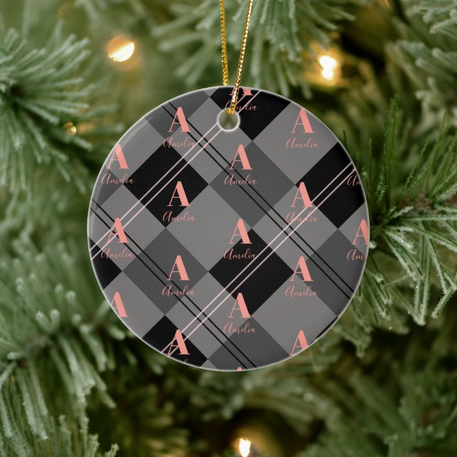 Christmas Plaid Personalised Grey Black Pink Ceramic Ornament (Tree)