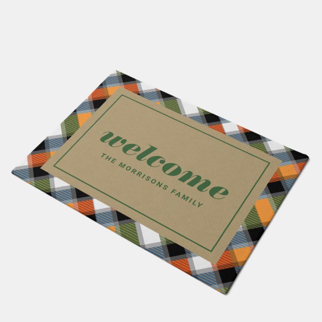 Christmas Plaid Personalised Welcome Doormat (Angled)