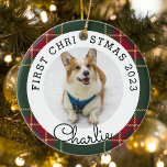 Christmas Plaid Pet's First Christmas Photo Ceramic Ornament<br><div class="desc">Custom-designed pet's first Christmas photo ornament featuring custom pet's photo and name on festive Christmas plaid background.</div>