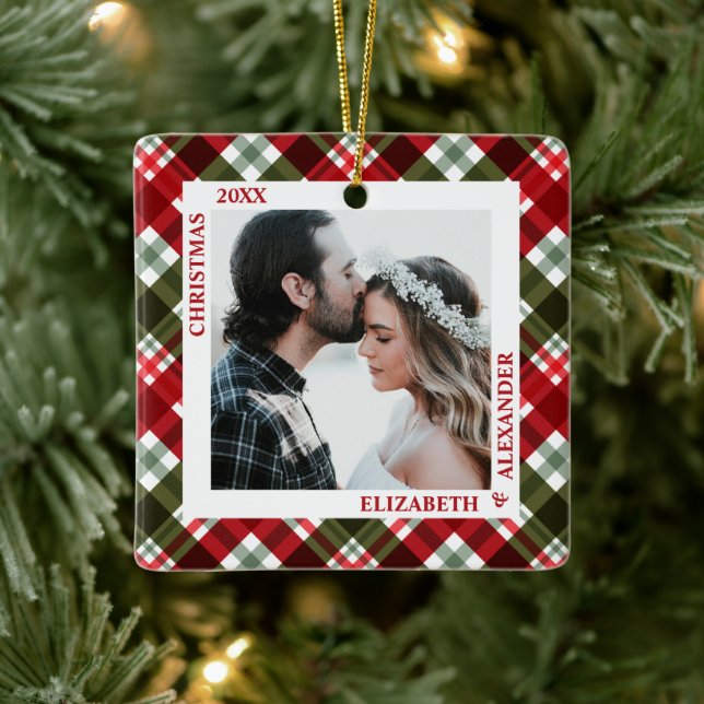 Christmas Plaid Photo Ceramic Ornament (Tree)