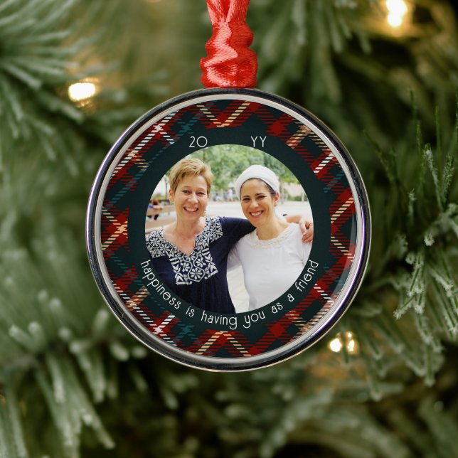 Christmas Plaid Photo Happiness is You as Friend Metal Ornament (Tree)
