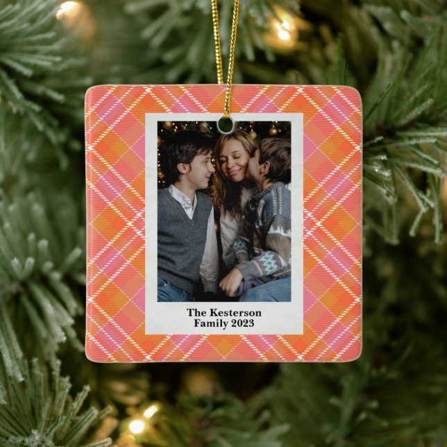 Christmas Plaid Pink Orange Tartan Photo  Ceramic Ornament (Tree)