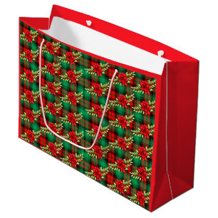Christmas Plaid Poinsettias And Leaves Large Gift  Bag