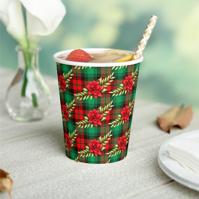 Christmas Plaid Poinsettias And Leaves Paper Cups (Insitu)