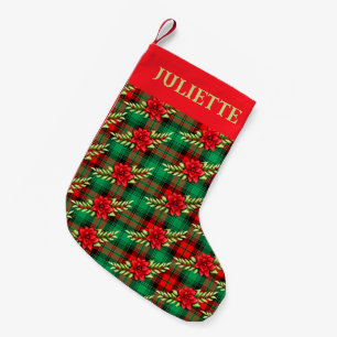 Christmas Plaid Poinsettias And Leaves Small Christmas Stocking