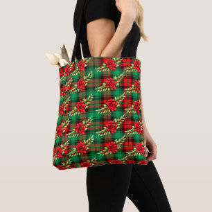 Christmas Plaid Poinsettias And Leaves Tote Bag