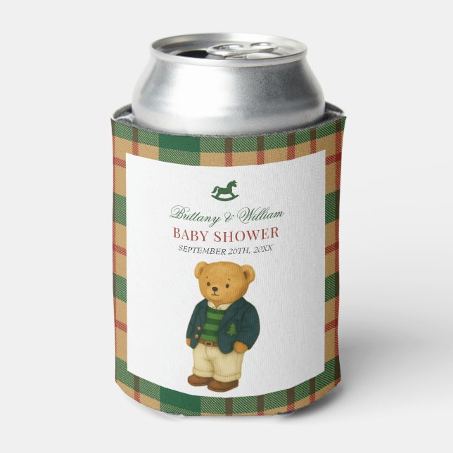 Christmas Plaid Preppy Bear Baby Shower  Can Cooler (Can Front)
