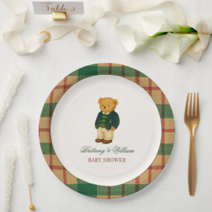 Christmas Plaid Preppy Bear Baby Shower  Paper Plate