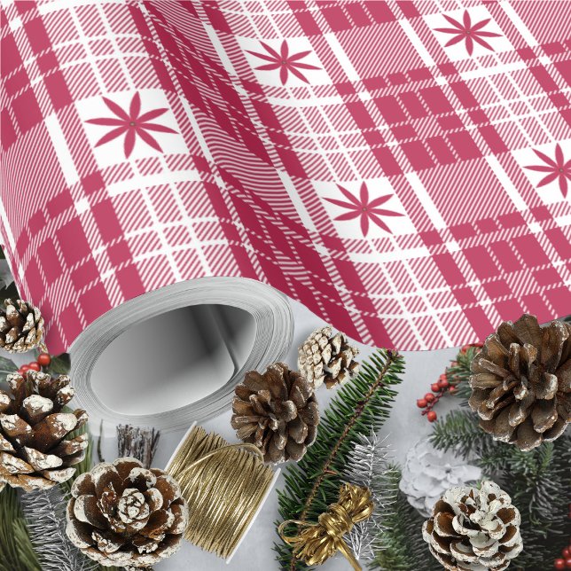 Christmas Plaid - Red and White with Poinsettia Wrapping Paper (Christmas Plaid - Red and White with Poinsettia Wrapping Paper Roll by Leapfroglisics Shop)