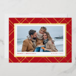 Christmas plaid red gold one-photo family foil holiday card<br><div class="desc">Chic and stylish, this one-photo Christmas card is the perfect way to send holiday greetings to friends and family. Featuring a traditional festive holiday plaid in foil against a red background framing a single horizontal photo, this card also has two text spots can be customised with your own greeting like...</div>