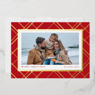 Christmas plaid red gold one-photo family foil holiday card
