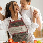 Christmas plaid red green family name personalised apron<br><div class="desc">Rustic Christmas traditional classic dark red green plaid tartan apron personalised with family name and text.</div>