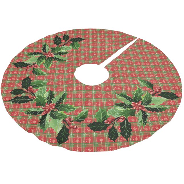 Christmas Plaid Red, Green, Gold Stars Brushed Polyester Tree Skirt (Angled)