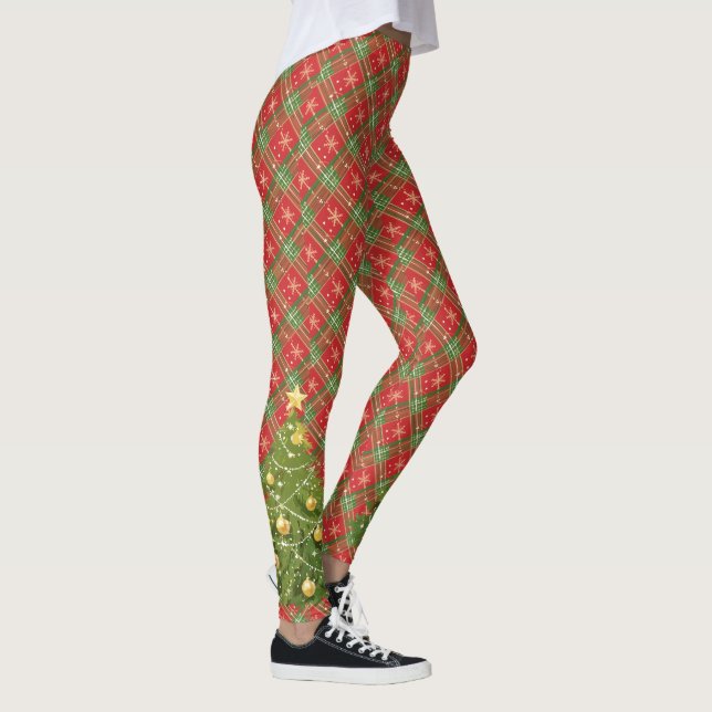 Christmas Plaid Red, Green, Gold with Tree Leggings (Right)