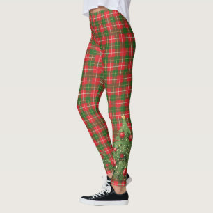 Christmas Plaid Red, Green, White with Tree Leggings