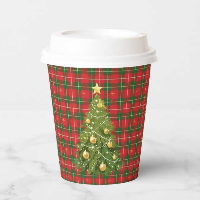Christmas Plaid Red, Green with Gold Crosses Paper Cups (Front)