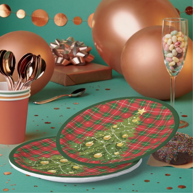 Christmas Plaid Red, Green with Gold Crosses Paper Plate (Multi)