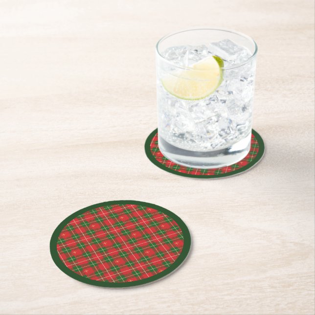 Christmas Plaid Red, Green with Gold Crosses Round Paper Coaster (Insitu)