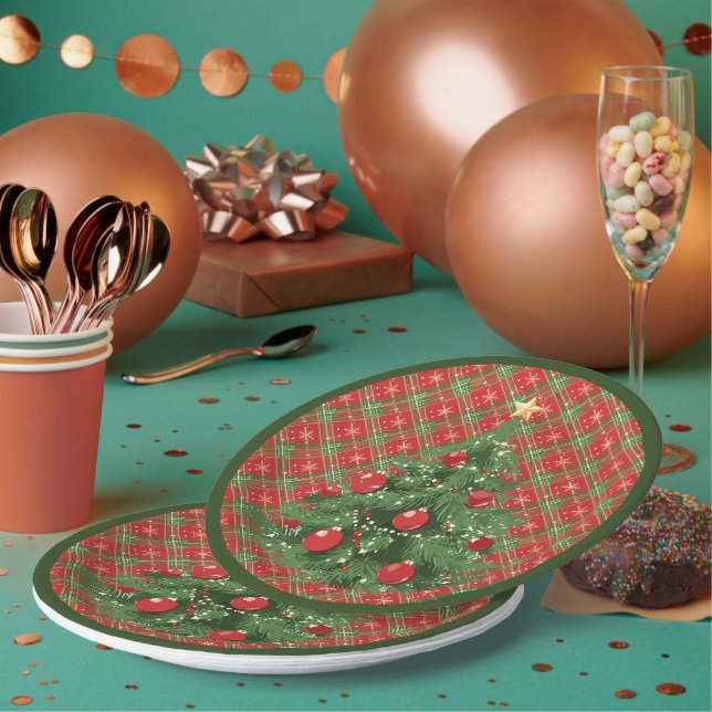 Christmas Plaid Red, Green with Gold Snowflakes Paper Plate (Multi)