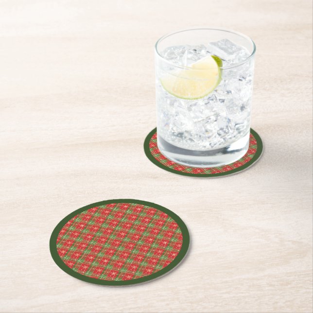 Christmas Plaid Red, Green with Gold Snowflakes Round Paper Coaster (Insitu)