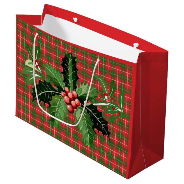 Christmas Plaid Red Green with Wreath Large Gift Bag (Front Angled)