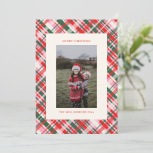 Christmas Plaid Red Pink Green Vertical Two Photo Holiday Card