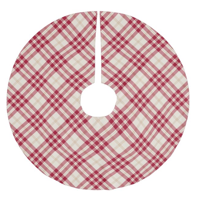 Christmas plaid red white gold diagonal pattern brushed polyester tree skirt (Front)