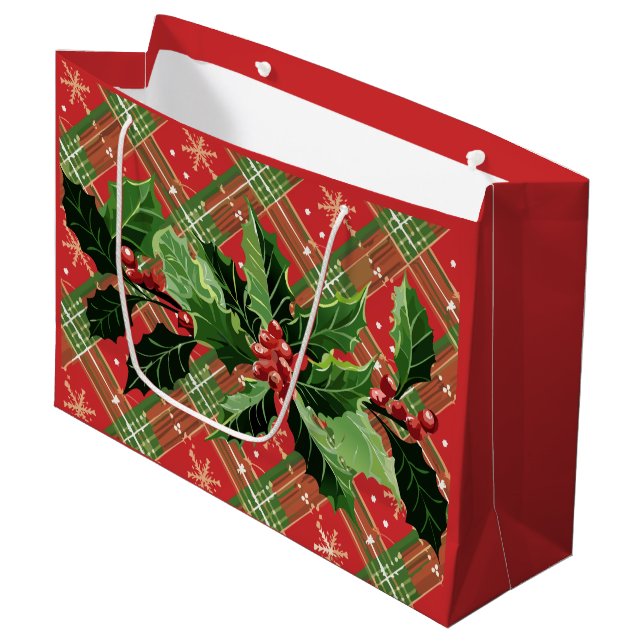 Christmas Plaid Red with Wreath Large Gift Bag (Front Angled)