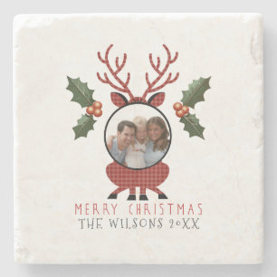 Christmas Plaid Reindeer with Personalized Photo Stone Coaster