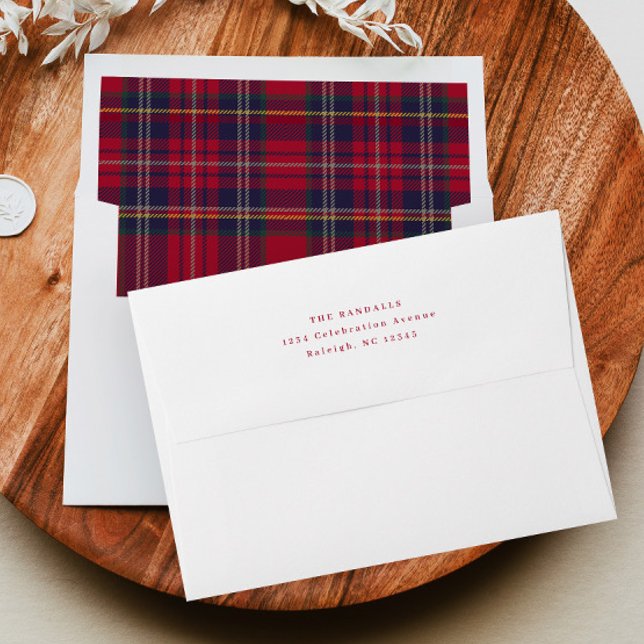 Christmas Plaid Return Address Holiday Card Envelope (Red plaid Christmas Holiday Card envelopes.)