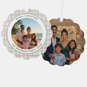 Christmas Plaid Rose Sage Easy 2 Photo Tree Decoration Card