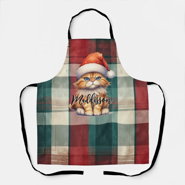 Christmas Plaid Santa Cat With Name Apron (Front)