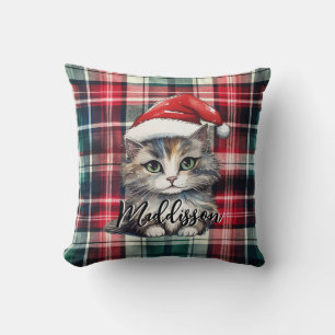 Christmas Plaid Santa Cat With Name Cushion
