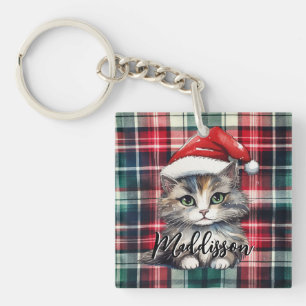 Christmas Plaid Santa Cat With Name Key Ring