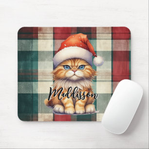 Christmas Plaid Santa Cat With Name Mouse Pad