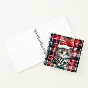 Christmas Plaid Santa Cat With Name Notebook