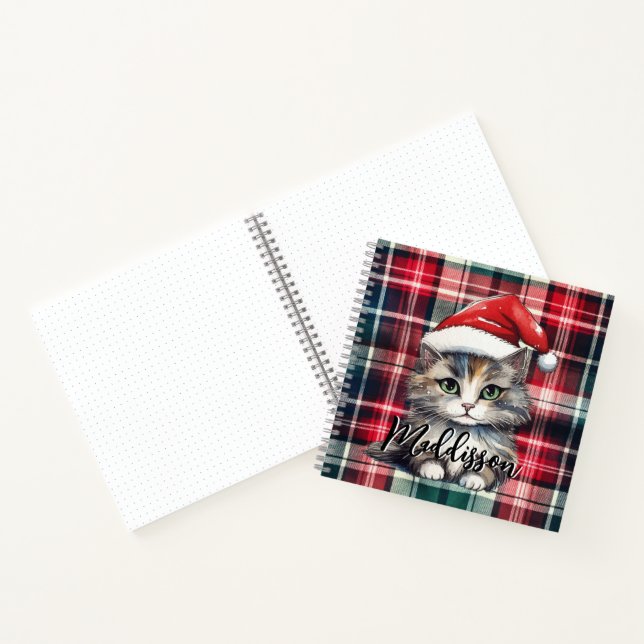 Christmas Plaid Santa Cat With Name Notebook (Inside)
