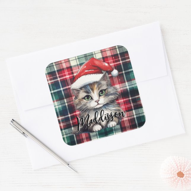 Christmas Plaid Santa Cat With Name Square Sticker (Envelope)