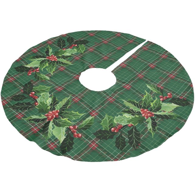 Christmas Plaid Scottish Red on Green Brushed Polyester Tree Skirt (Angled)