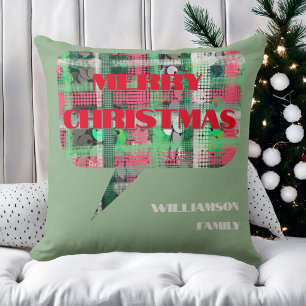 Christmas plaid script family name green red cream cushion