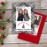Christmas Plaid Spruce Tree 2 Photos Holiday Card<br><div class="desc">This flat Christmas card features a trendy charcoal and grey plaid background. A white box, in the centre of the front, offers a photo frame for your favourite family photo and is accented with a small graphic of a spruce tree. Red curved text reads: Warm Winter Wishes. The back side...</div>