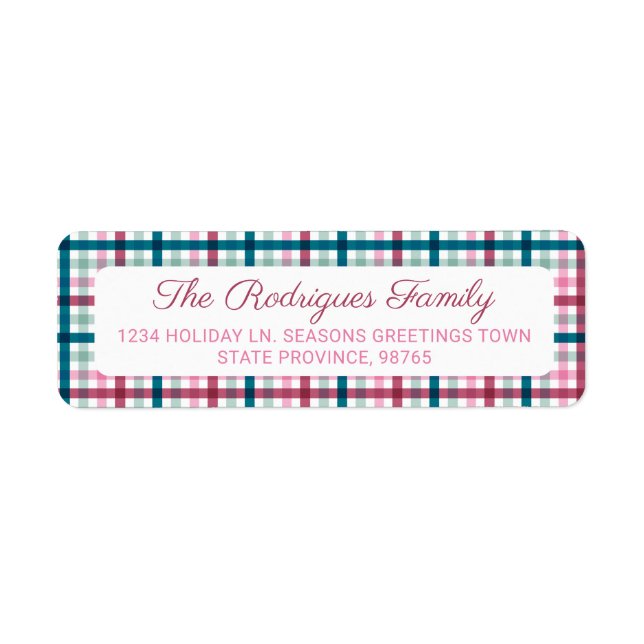 Christmas Plaid Teal Magenta Return Address  Label (Front)