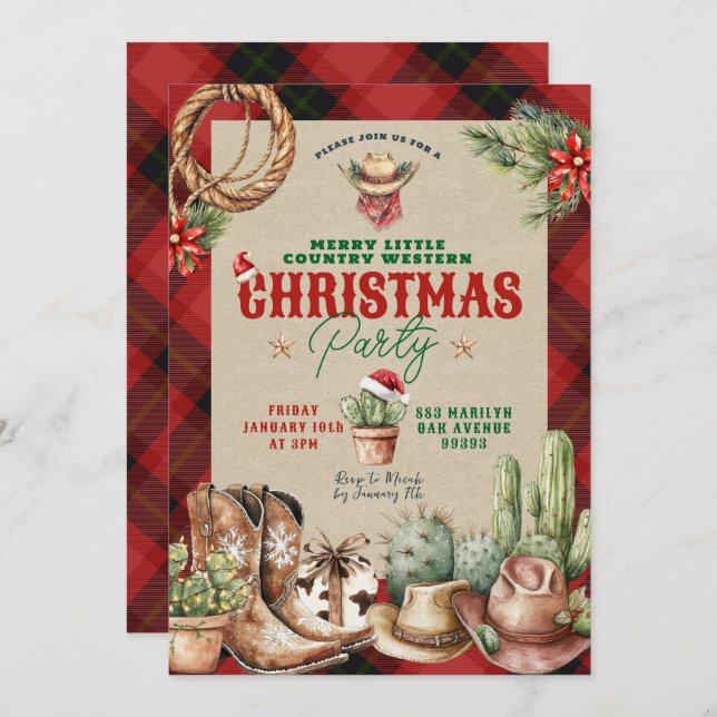 Christmas Plaid Western Christmas Party Invitation (Front/Back)