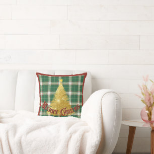 Christmas Plaid with Gold Tree Cushion