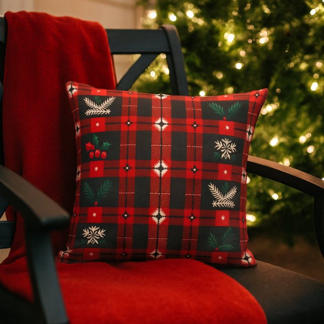 Christmas Plaid with Snowflakes & Evergreen  Cushion (Festive Christmas plaid with holly and evergreen accents.  A fun pillow for outdoor gatherings )